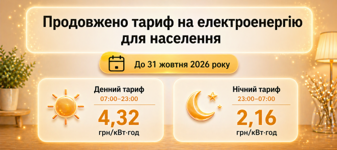 Тариф на електроенергію для населення продовжено до 31 жовтня 2026 року Тариф на електроенергію для населення продовжено до 31 жовтня 2026 року